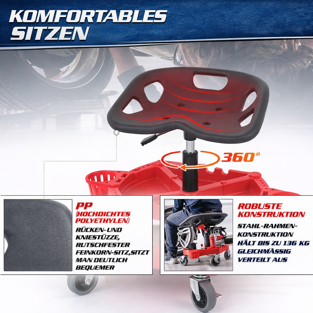 Garvee Mechaniker-Rollhocker Höhenverstellbar 50,8-63,5 cm, 136 kg Tragkraft, mit verriegelbaren Rollen für Werkstatt & Garage, Rot
