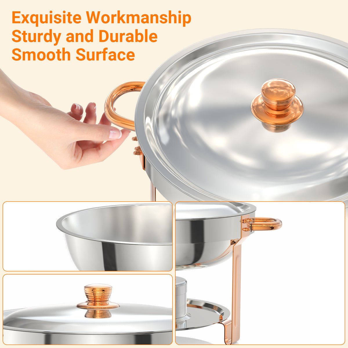 Garvee Chafing Dish 4er-Set 5 L aus Edelstahl, rund in Roségold, Buffet-Speisenwärmer für Catering, Hochzeiten und Events