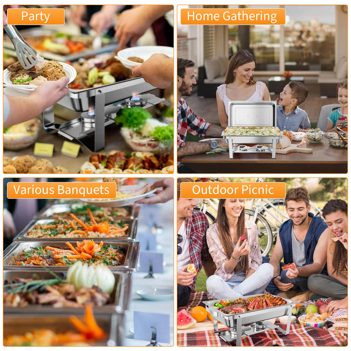 Garvee Chafing Dish 4er-Set mit je 7,6 L, rechteckige Edelstahl-Buffet-Speisenwärmer mit Deckeln, Wasserbad und Klappgestellen für Catering, Hochzeit und Bankett