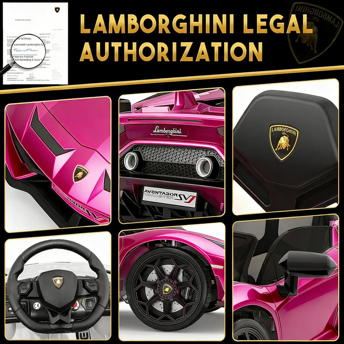 Garvee Lamborghini Kinder Elektroauto 12 V mit 2 × 25 W, Scherentüren, 2,4-GHz-Fernbedienung, LED, Musik, Federung und Sicherheitsgurt, Rosa, für Kinder 3–8 Jahre