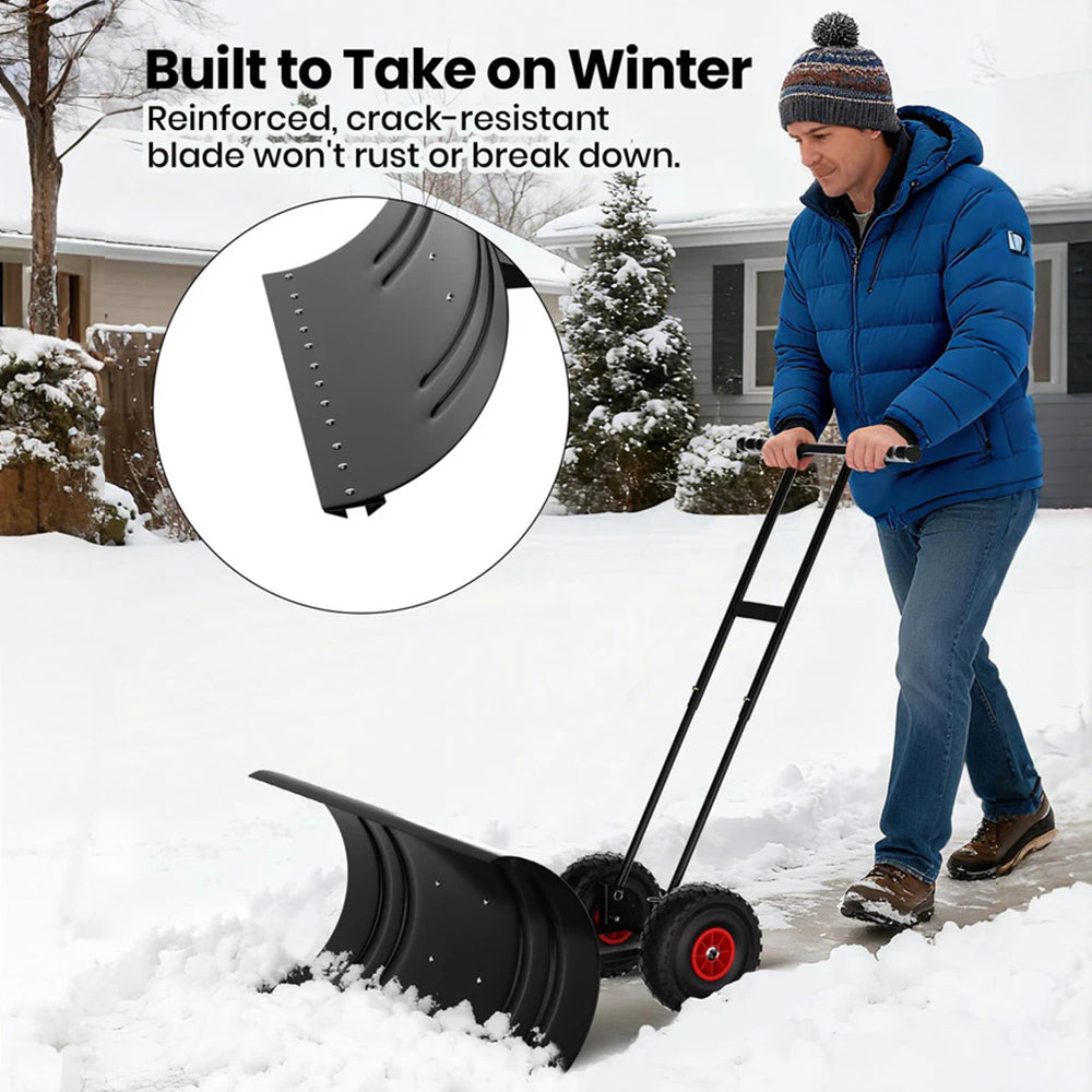 Garvee Schneeschieber mit Rädern 90×40 cm – Doppelstange, Stahlklinge, Verstellbarer Griff, Gummiräder