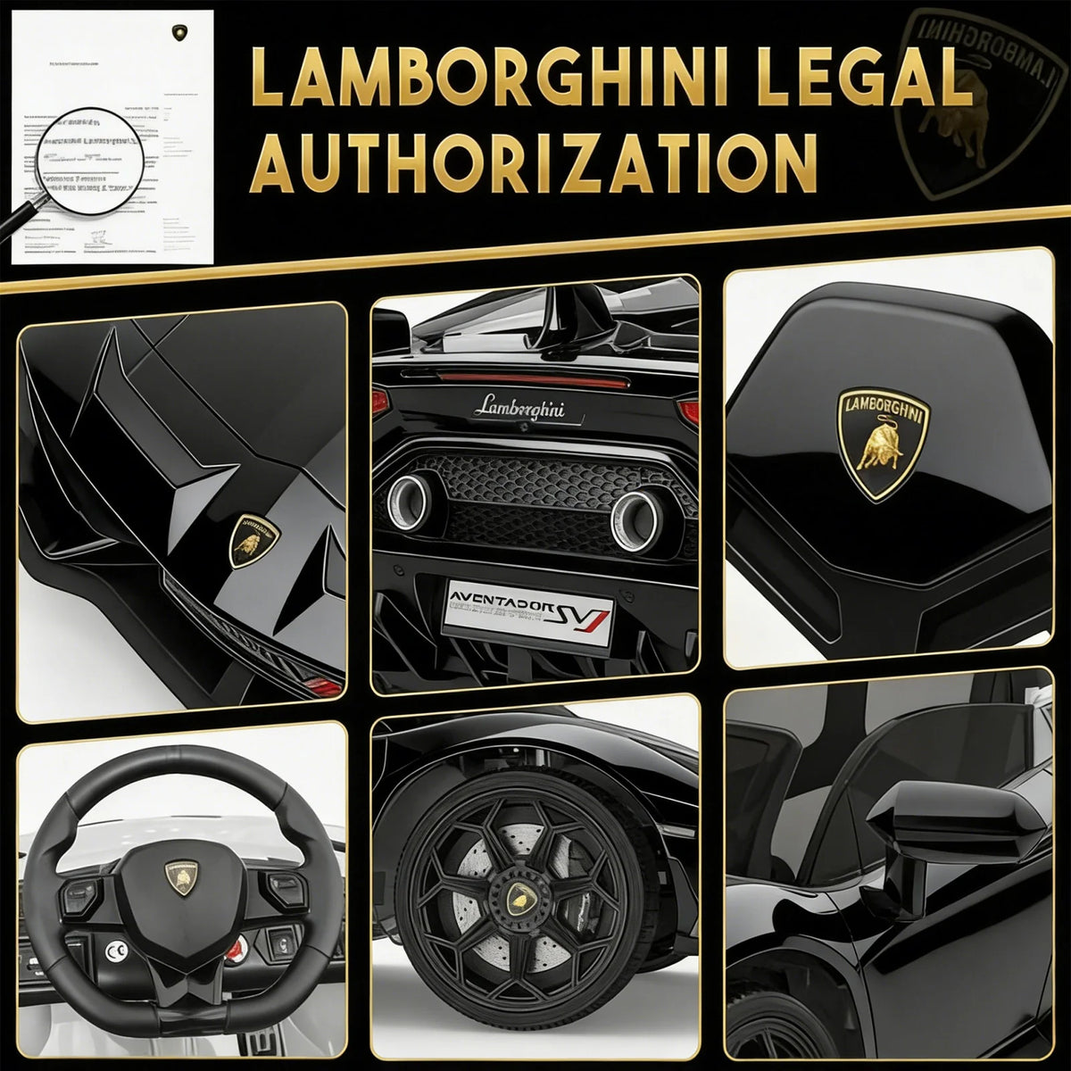 Garvee Lamborghini Kinder Elektroauto 12 V mit 2 × 25 W, Scherentüren, 2,4-GHz-Fernbedienung, LED, Musik, Federung und Sicherheitsgurt, Schwarz, für Kinder 3–8 Jahre
