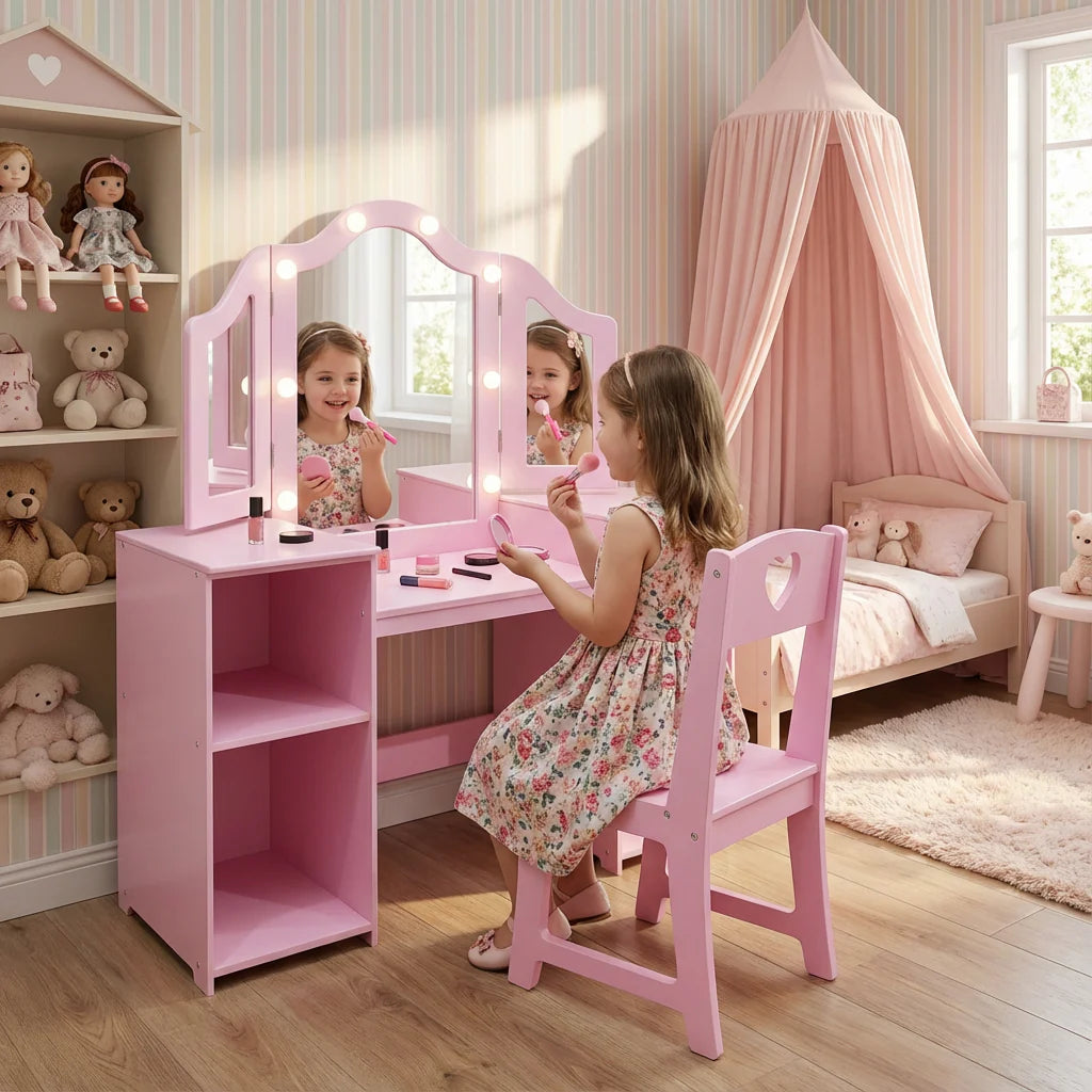 Garvee Prinzessin Schminktisch Mit LED Licht, Spiegel, Stuhl, 104×41×117 cm, Rosa