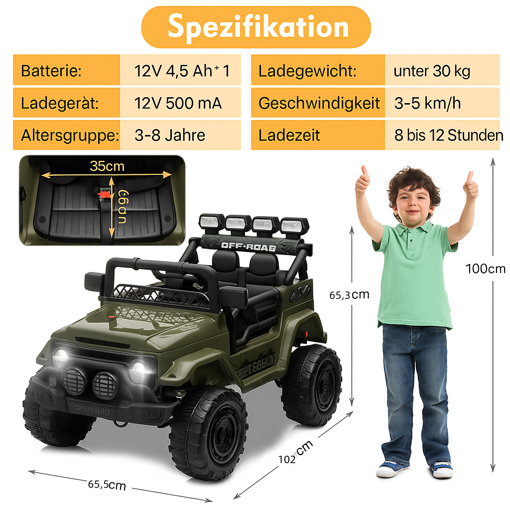 Garvee Armeegrün Kinder Elektroauto Geländewagen 12V mit Fernbedienung, 2-Sitzer, 5 km/h, Musik & LED-Lichter, 3-5 Jahre