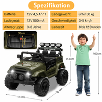 Garvee Armeegrün Kinder Elektroauto Geländewagen 12V mit Fernbedienung, 2-Sitzer, 5 km/h, Musik & LED-Lichter, 3-5 Jahre