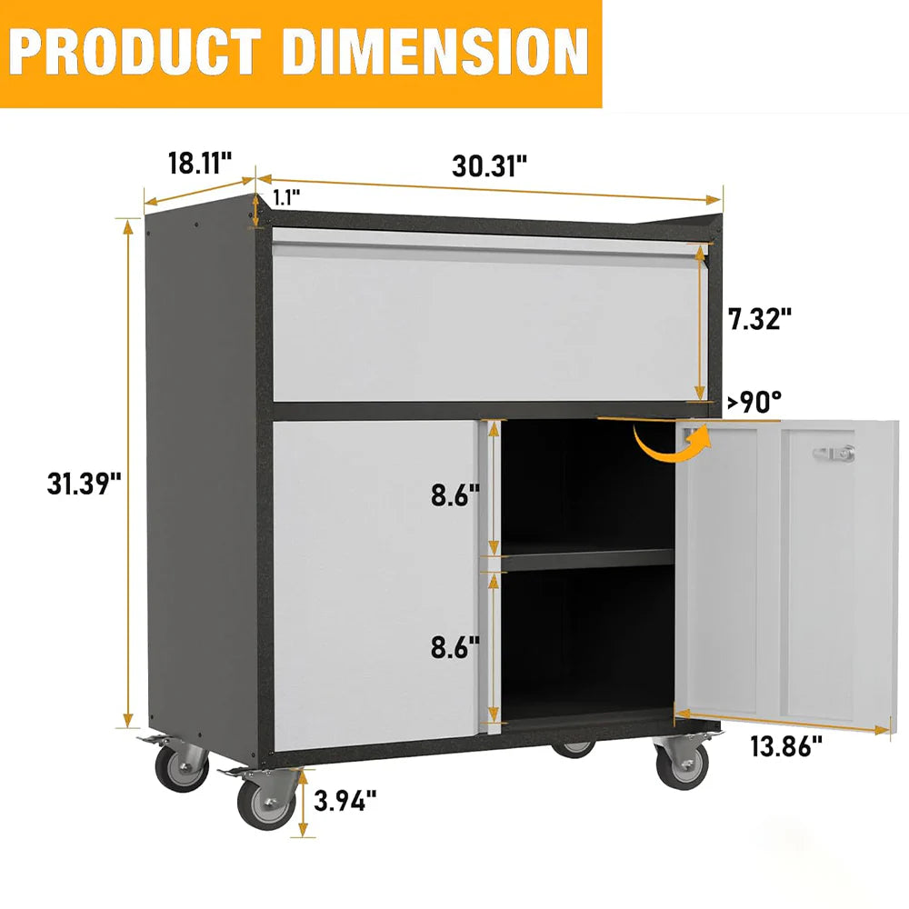 GARVEE Mobiler Werkzeugschrank aus Metall mit Schublade & 360° Rollen - 77x46x80cm