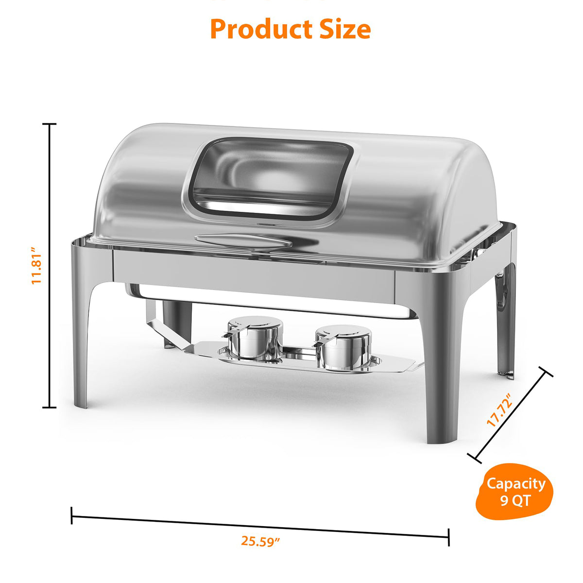 Garvee Chafing Dish 9 L aus Edelstahl, Rolltop Speisenwärmer mit Glasfenster und Komplettem Zubehör, Spülmaschinengeeignet für Buffet, Catering und Events