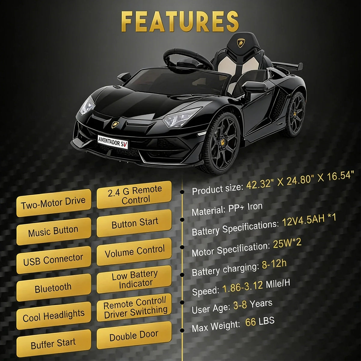 Garvee Lamborghini Kinder Elektroauto 12 V mit 2 × 25 W, Scherentüren, 2,4-GHz-Fernbedienung, LED, Musik, Federung und Sicherheitsgurt, Schwarz, für Kinder 3–8 Jahre