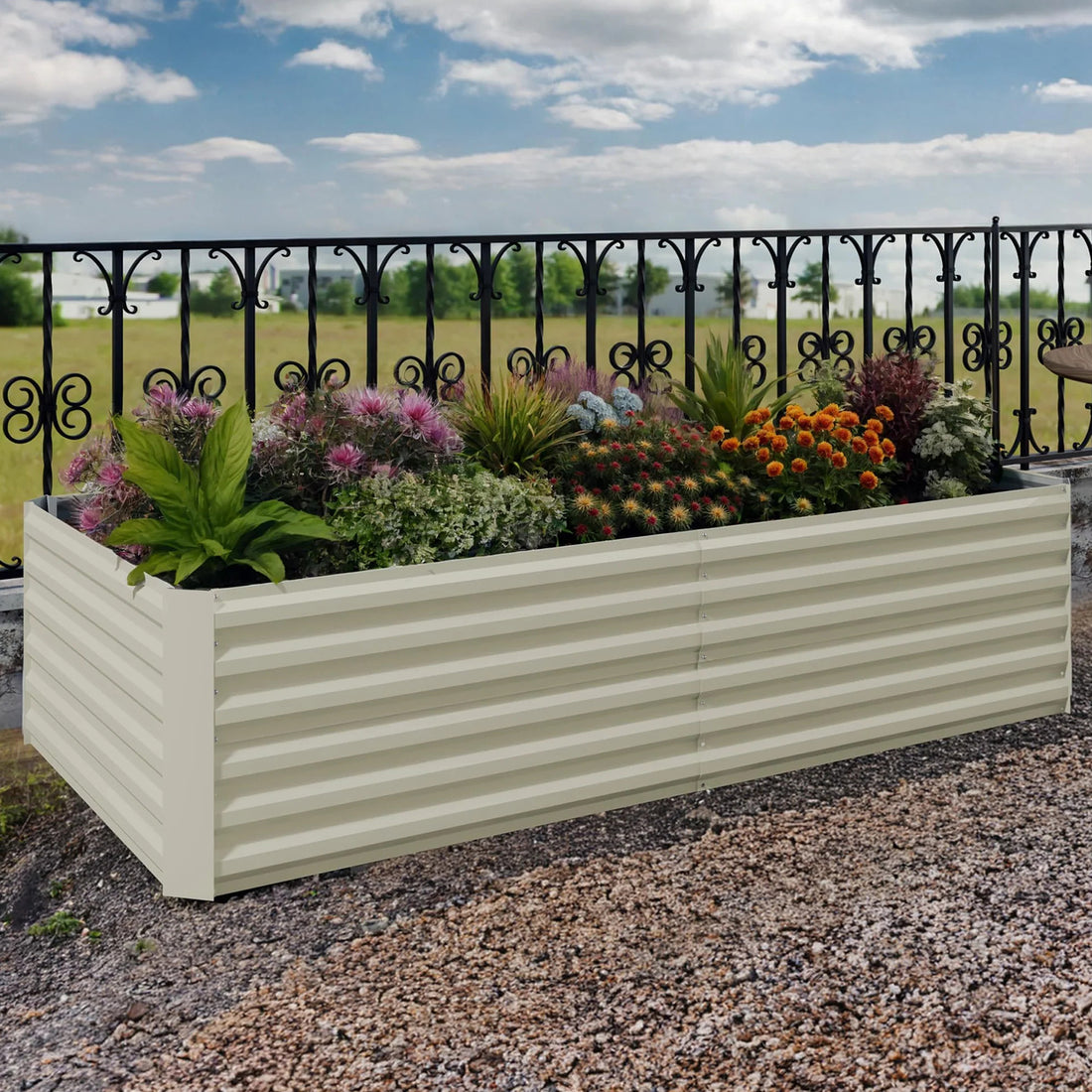 Garvee Metall Hochbeet 180×90×60 cm, verzinkter Stahl, rostfrei & wetterfest, stabiler Pflanzkasten für Gemüsebeet, Blumenbeet & Garten, rechteckig Beige