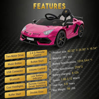 Garvee Lamborghini Kinder Elektroauto 12 V mit 2 × 25 W, Scherentüren, 2,4-GHz-Fernbedienung, LED, Musik, Federung und Sicherheitsgurt, Rosa, für Kinder 3–8 Jahre