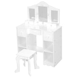 Garvee Kinder-Schminktisch mit Hocker, rosa Schminktisch-Set aus MDF mit dreiteiligem Spiegel, 2 Schubladen und offenen Ablagefächern, Frisierkommode für Kinderzimmer und Rollenspiele - Weiß