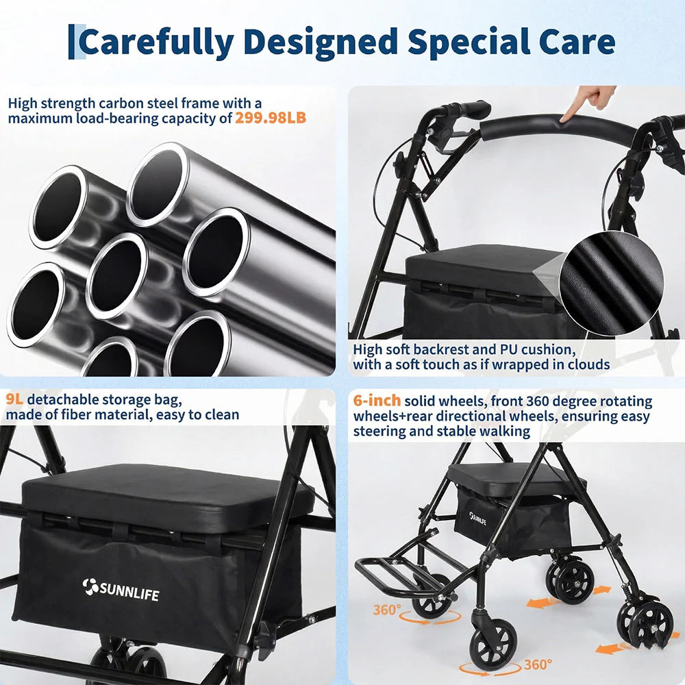 Garvee Rollator faltbar mit 4 Rädern, höhenverstellbare Gehhilfe mit Sitz und Doppelbremse, stabiler Stahlrahmen, 80–90 cm, für Innen- & Außenbereich, Schwarz