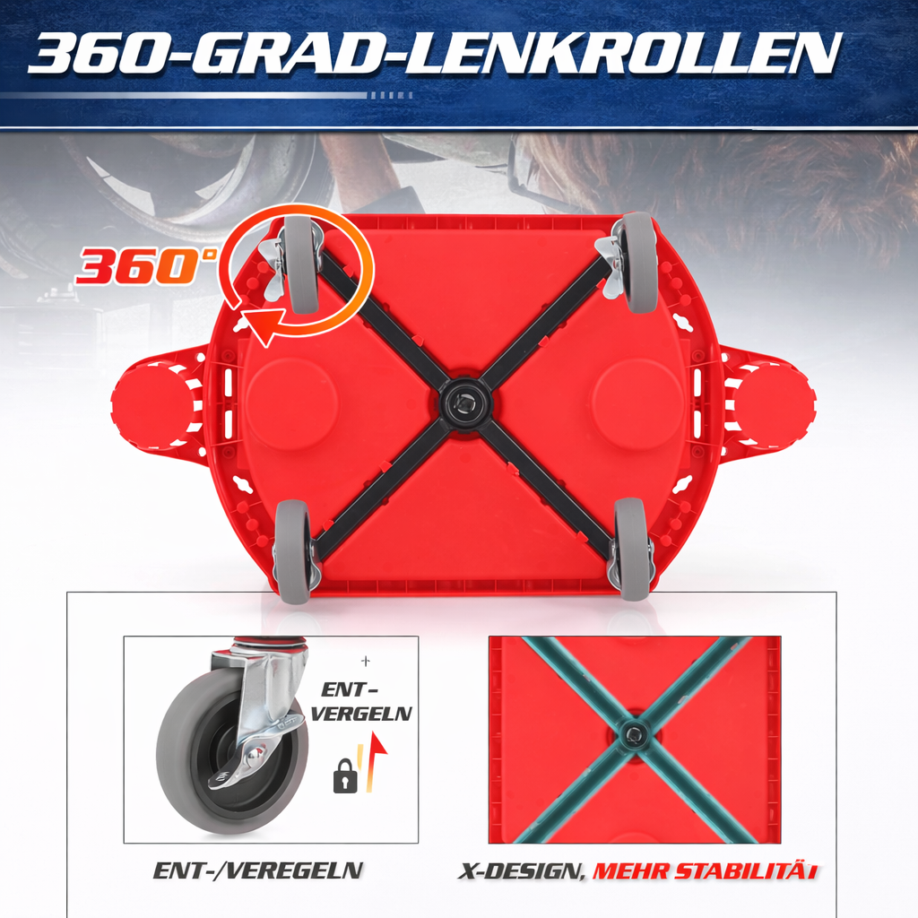 Garvee Mechaniker-Rollhocker Höhenverstellbar 50,8-63,5 cm, 136 kg Tragkraft, mit verriegelbaren Rollen für Werkstatt & Garage, Rot