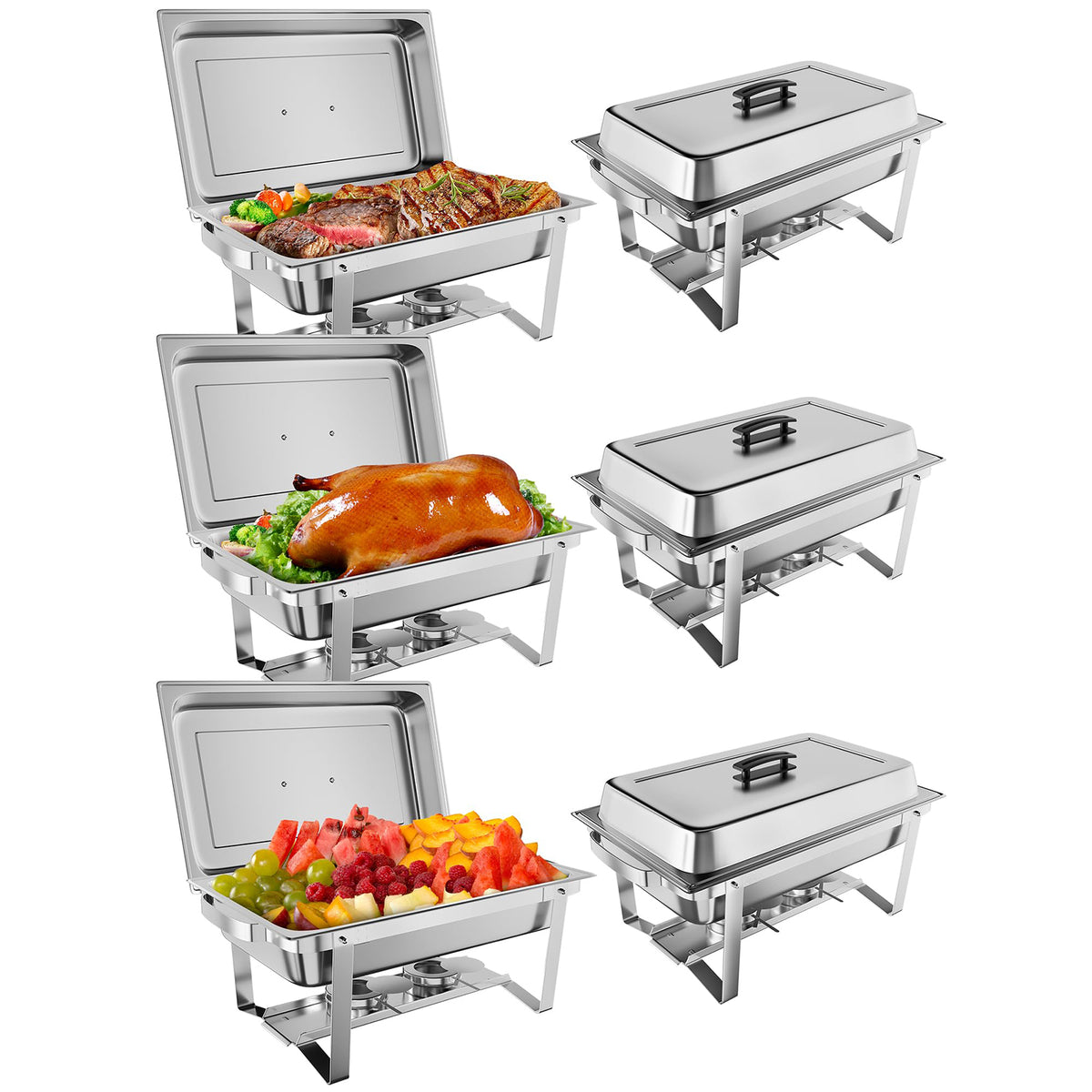 Garvee Chafing Dish 6er-Set mit je 7,6 L, rechteckige Edelstahl-Buffet-Speisenwärmer mit Deckeln, Wasserbad, herausnehmbaren Behältern und Klappgestellen für Catering, Hotel, Hochzeit und Bankett
