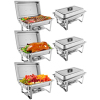 Garvee Chafing Dish 6er-Set mit je 7,6 L, rechteckige Edelstahl-Buffet-Speisenwärmer mit Deckeln, Wasserbad, herausnehmbaren Behältern und Klappgestellen für Catering, Hotel, Hochzeit und Bankett