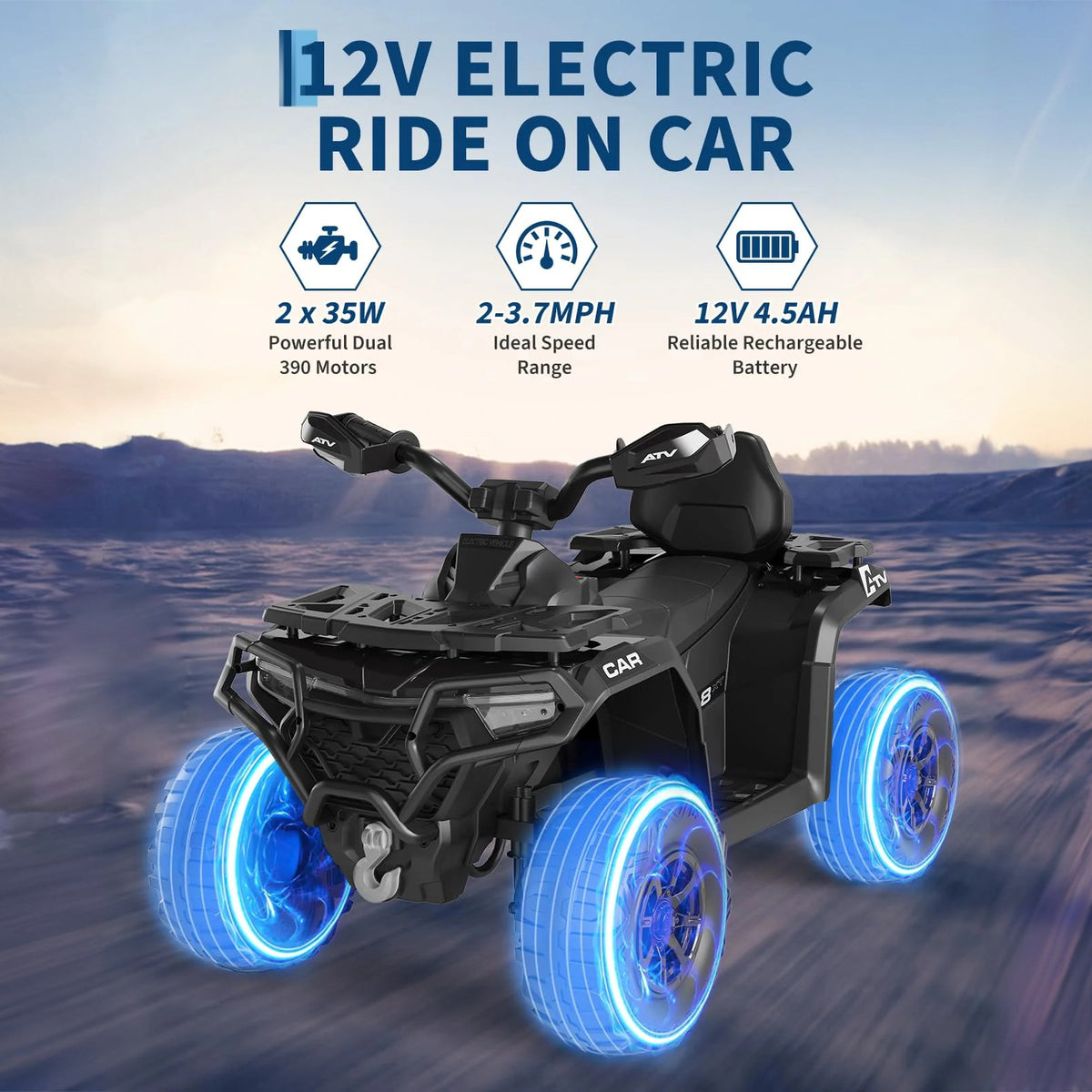 Garvee Kinder Elektro-Quad 12V, Elektrisches Kinderfahrzeug mit Fernbedienung, 2x35W Motoren, LED Lichtern & Musik, für Kinder von 3–8 Jahren, Schwarz