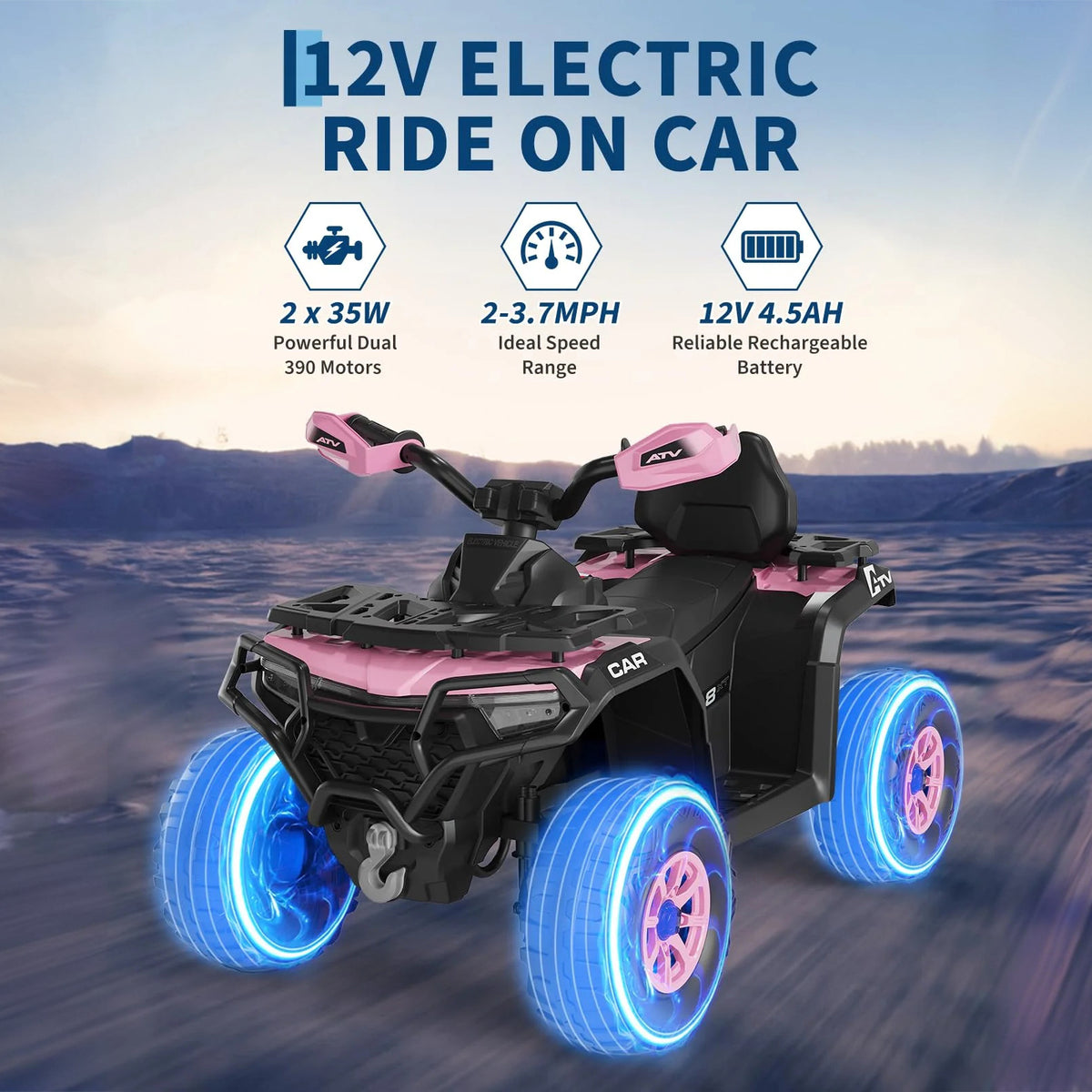 Garvee Kinder Elektro-Quad 12V, Elektrisches Kinderfahrzeug mit Fernbedienung, 2x35W Motoren, LED Lichtern & Musik, Für Kinder von 3–8 Jahren, Rosa