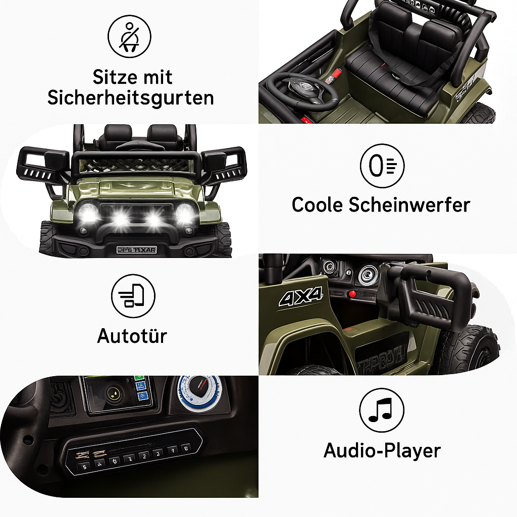 Garvee Armeegrün Kinder Elektroauto Geländewagen 12V mit Fernbedienung, 2-Sitzer, 5 km/h, Musik & LED-Lichter, 3-5 Jahre