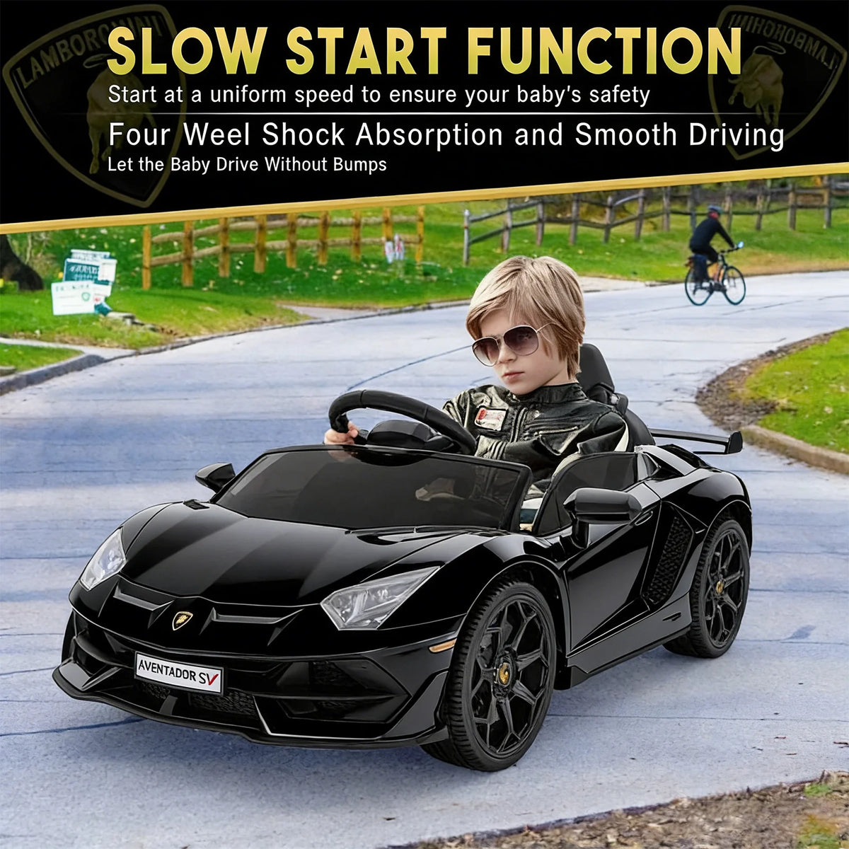 Garvee Lamborghini Kinder Elektroauto 12 V mit 2 × 25 W, Scherentüren, 2,4-GHz-Fernbedienung, LED, Musik, Federung und Sicherheitsgurt, Schwarz, für Kinder 3–8 Jahre