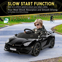 Garvee Lamborghini Kinder Elektroauto 12 V mit 2 × 25 W, Scherentüren, 2,4-GHz-Fernbedienung, LED, Musik, Federung und Sicherheitsgurt, Schwarz, für Kinder 3–8 Jahre