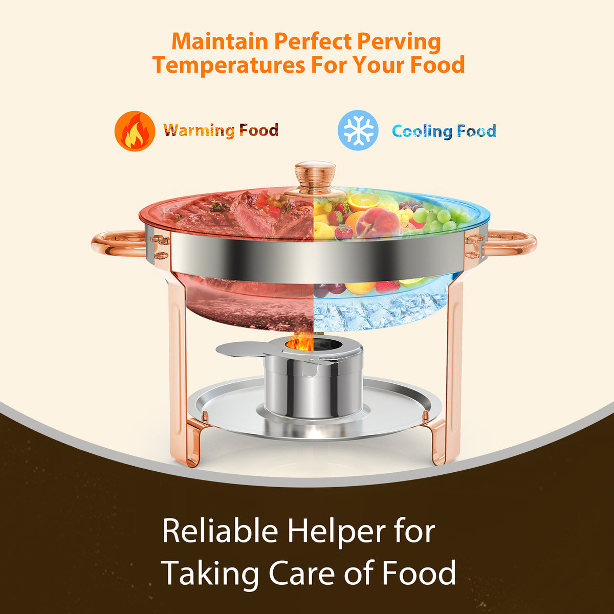 Garvee Chafing Dish 4er-Set 5 L aus Edelstahl, rund in Roségold, Buffet-Speisenwärmer für Catering, Hochzeiten und Events