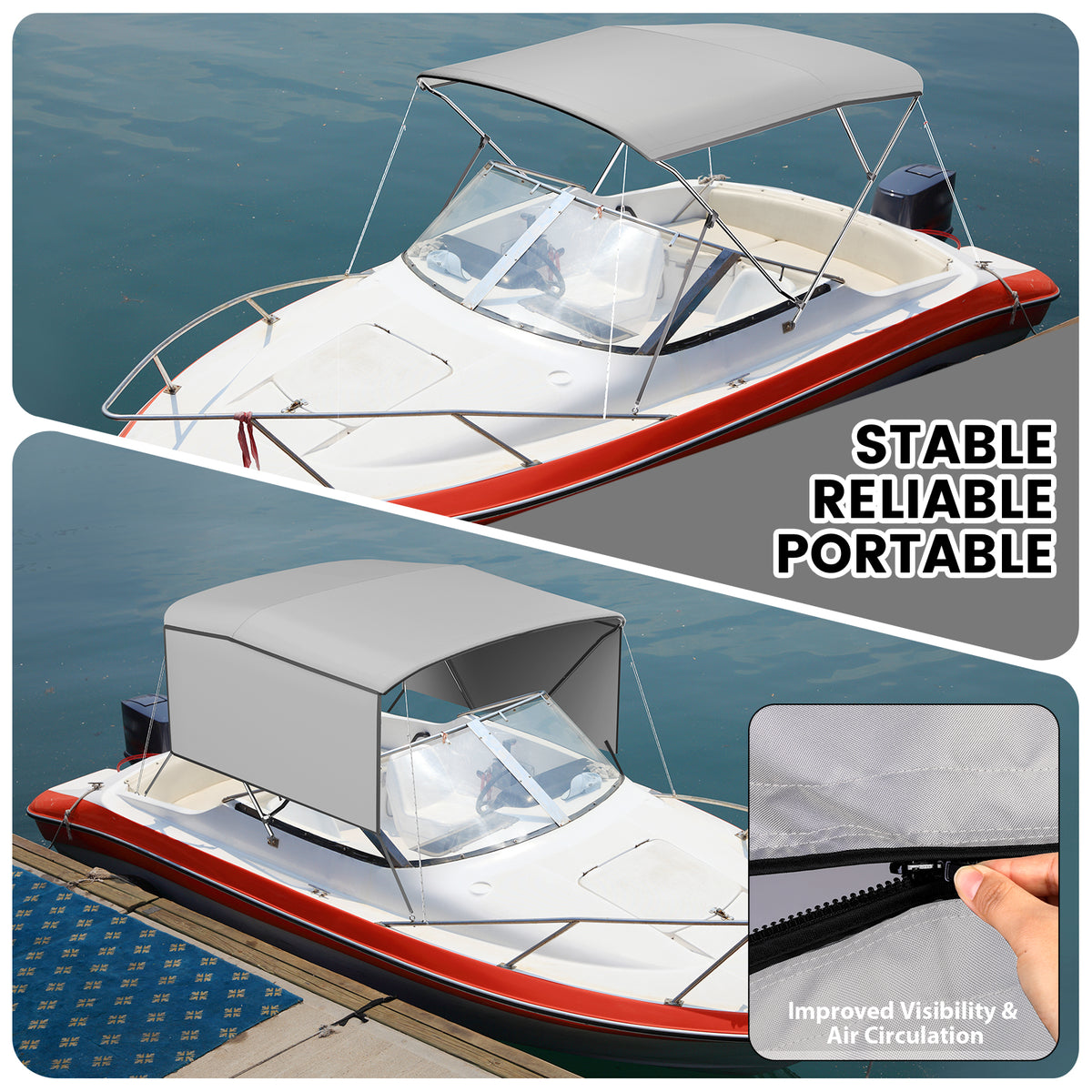 Garvee 3-Bogen-Bimini-Top-Bootsabdeckung, Abnehmbare Seiten, Verstellbar, Marine Canvas, UV-Schutz, Verstellbar 201–213 cm, Grau