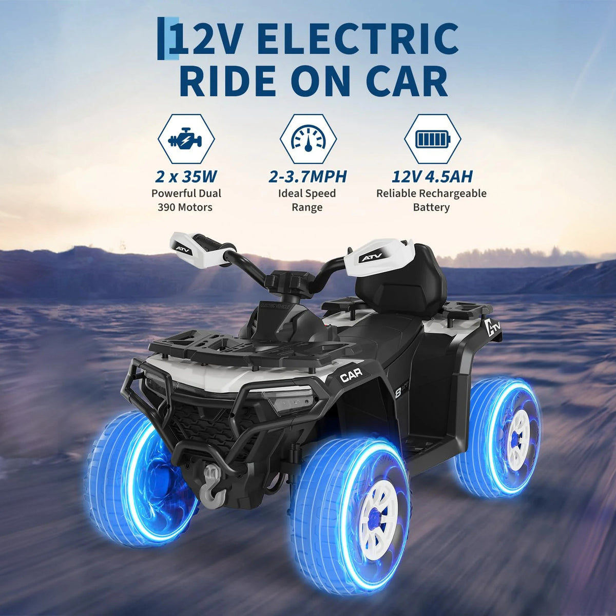 Garvee Kinder Elektro-Quad 12V, Elektrisches Kinderfahrzeug mit Fernbedienung, 2x35W Motoren, LED Lichtern & Musik, Für Kinder von 3–8 Jahren, Silber