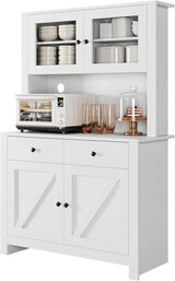 Garvee Küchenbuffet Weiß 105 x 44 x 161 cm mit 4 Türen, 2 Schubladen und Glastüren, Buffetschrank im Landhausstil für Küche und Esszimmer - Weiß