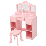 Garvee Kinder-Schminktisch mit Hocker, rosa Schminktisch-Set aus MDF mit dreiteiligem Spiegel, 2 Schubladen und offenen Ablagefächern, Frisierkommode für Kinderzimmer und Rollenspiele - Rosa