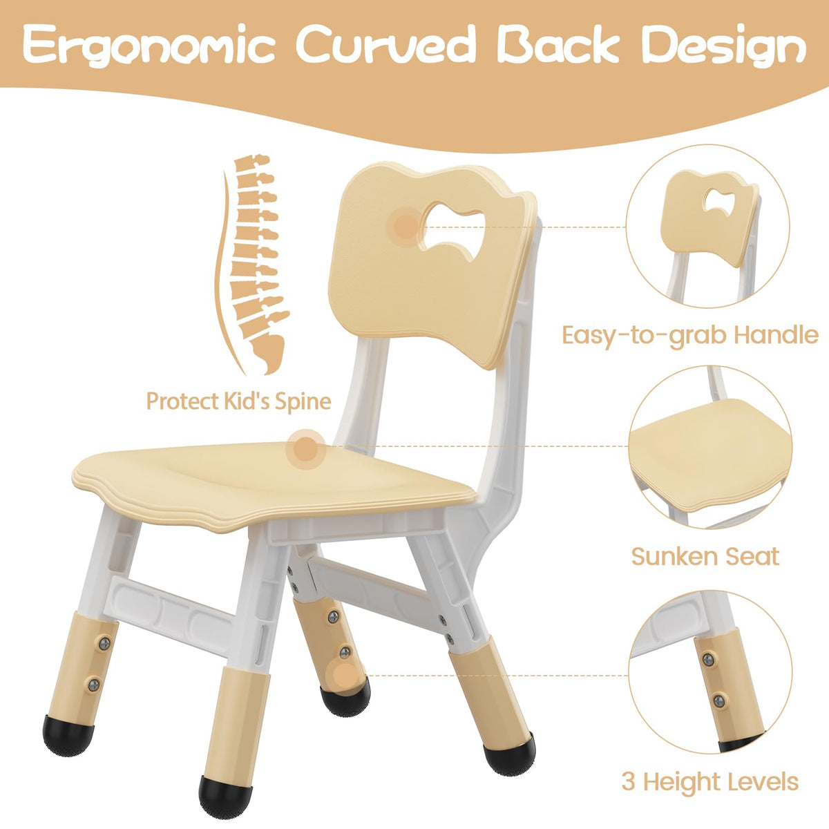 Beiger Kinderstuhl mit ergonomischer Rückenlehne