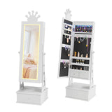 Garvee Kinder Schmuckschrank Weiß mit Spiegel und LED-Beleuchtung, Standspiegel mit Schmuckaufbewahrung, 3 Schubladen, Krone-Design für Mädchen, 90 cm - Weiß