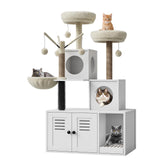 Garvee 3-in-1 Kratzbaum mit Katzenklo-Schrank, Mehrstufiger Katzenbaum mit Sisal-Kratzstämmen, Plüsch-Liegeflächen und Spielbällen, Katzenhaus mit Seiteneingang - Weiß