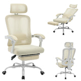 GARVEE Ergonomischer Bürostuhl mit Kopfstütze & Fußstütze, Höhenverstellbarer Schreibtischstuhl mit Lordosenstütze, Atmungsaktivem Netzstoff & Kunststoff-Fußkreuz, Beige - Beige