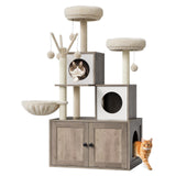 Garvee 3-in-1 Kratzbaum mit Katzenklo-Schrank, Katzenhaus mit Sisal-Kratzsäulen, Weichem Plüsch und 5 Abnehmbaren Spielbällen, Mehrstufiges Design - Grau