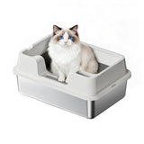 Garvee Katzenklo Edelstahl XL, Offene Katzentoilette 50 × 35 × 22 cm, Hoher Rand gegen Streuverlust, Geruchsarme Edelstahlwanne, Streufilter, rutschfeste Füße - Weiß