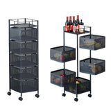 Garvee Küchen-Aufbewahrungswagen mit 5-Stufigem Drehbarem Obstkorb, Robuste Stahlkonstruktion, Rollen mit Bremsen, für Küche und Vorratsraum, Schwarz, mit LED - Schwarz