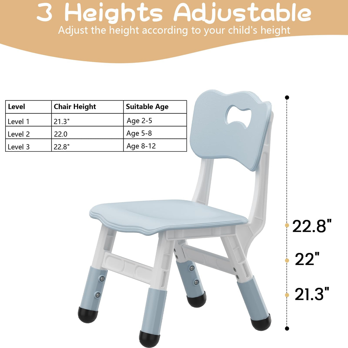 Garvee blaugraue Kinderstühle 2er Set höhenverstellbar 27 bis 31 cm