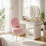 Garvee Makeup Hocker Mit Stauraum Und Klappbarer Lehne Für Schminktisch, 9L Versteck, Sherpa Stoff, Verstellbare Metallbeine, Gold - Rosa