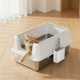 Garvee Katzenklo Edelstahl XXL mit Deckel, Große Katzentoilette 60 × 40 × 36,5 cm, Hoher Rand mit Auslaufschutz, Streu-Auffangstufe und Schaufel, leicht zu reinigen - Weiß