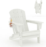 Garvee Adirondack Klappstuhl HDPE Mit Becherhalter Für Terrasse Und Garten, 30"D × 29"W × 35.5"H, Holzmaserung - Weiß