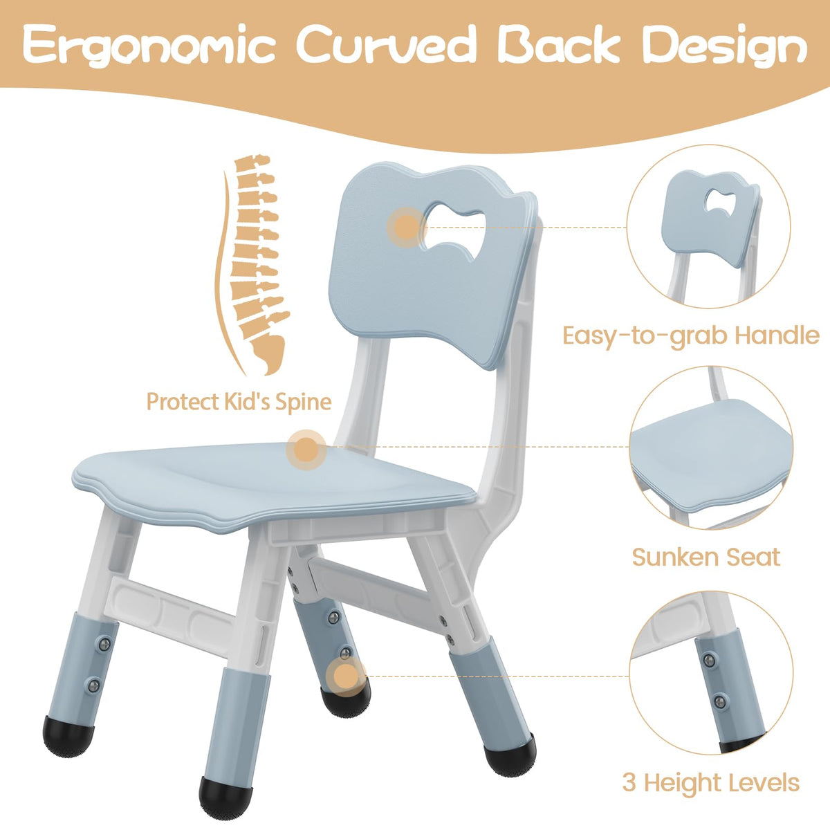 Blaugrauer Kinderstuhl mit ergonomischer Rückenlehne