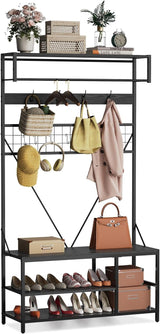 Garvee 5-in-1 Flurgarderobe mit Sitzbank und Schuhregal, 100 × 37 × 184 cm, Garderobenständer mit 9 Haken, Kleiderstange, verstellbarer Ablage und Kippschutz - Schwarz