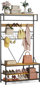 Garvee 5-in-1 Flurgarderobe mit Sitzbank und Schuhregal, 100 × 37 × 184 cm, Garderobenständer mit 9 Haken, Kleiderstange, verstellbarer Ablage und Kippschutz - Natur