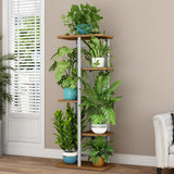 GARVEE 5-stufiges Metall Pflanzenregal für Ecke, Hoher gestufter Pflanzenständer für Innen- und Außenbereich, Dekorativer Blumenständer für Wohnzimmer, Balkon und Terrasse - Eiche Klassisch