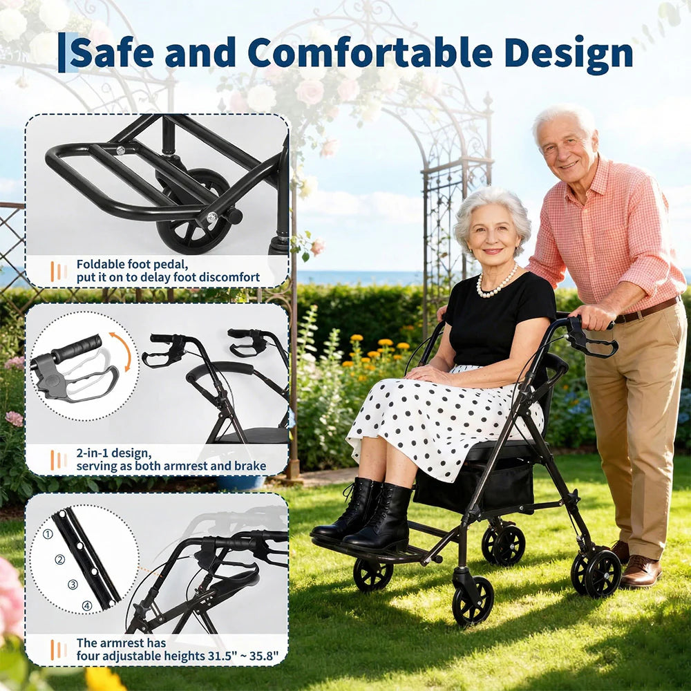 Garvee Rollator faltbar mit 4 Rädern, höhenverstellbare Gehhilfe mit Sitz und Doppelbremse, stabiler Stahlrahmen, 80–90 cm, für Innen- & Außenbereich, Schwarz