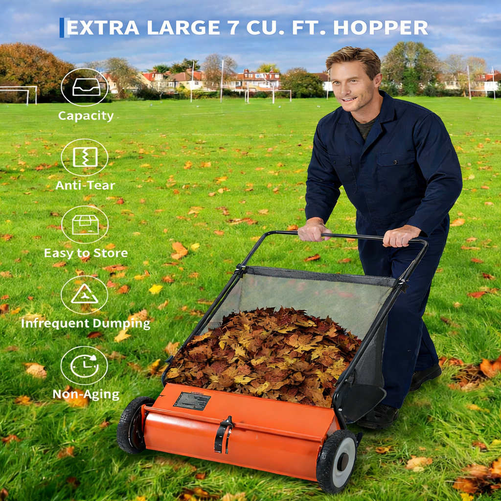 Garvee Rasenkehrer 66 cm mit 4 Bürsten, 200 L Beutel, Höhenverstellbar, Stahlrahmen, Orange