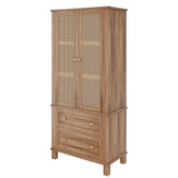Garvee Vorratsschrank 74 × 39 × 163 cm, Küchenschrank mit 2 Rattantüren, 3 Ablagebereichen und 2 Schubladen, Braun