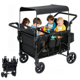 Garvee Bollerwagen für 4 Kinder, faltbar mit Sitzen, 5-Punkt-Gurten, verstellbarem Sonnendach, 360°-Rädern, Snack-Ablage & Stauraum - Schwarz