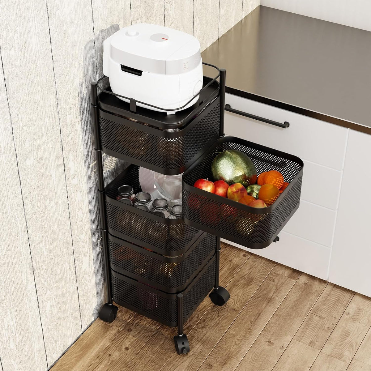 Garvee Küchenregal mit Rollen, 360° drehbares Eckregal aus Metall, platzsparender Rollwagen mit Bremsen, für Küche und Bad, 94 × 28 × 28 cm