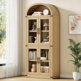 GARVEE Bücherregal mit Bogen und Glastüren, ca. 181,4 cm hoch, MDF & Metall & Glas, Landhausstil, Helle Eiche – für Wohnzimmer & Schlafzimmer - Helle Eiche